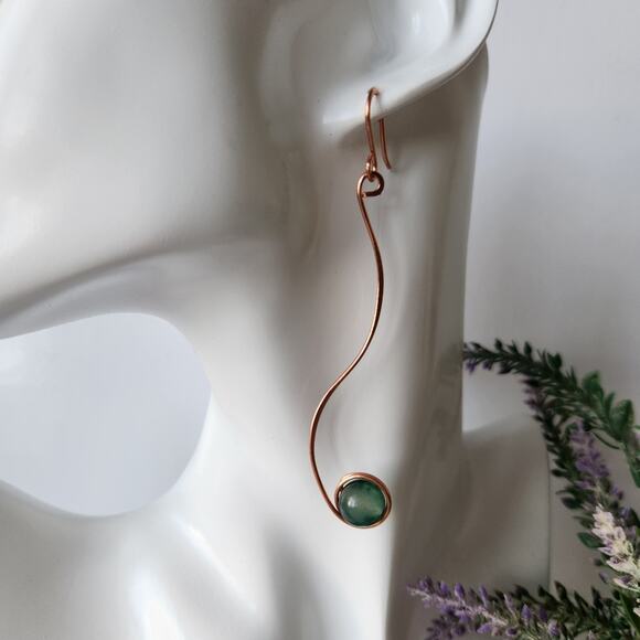 Handmade Copper Wire Wrapped Natural Green Jade Earrings - Elegant, Minimalist - Picture 4 of 8